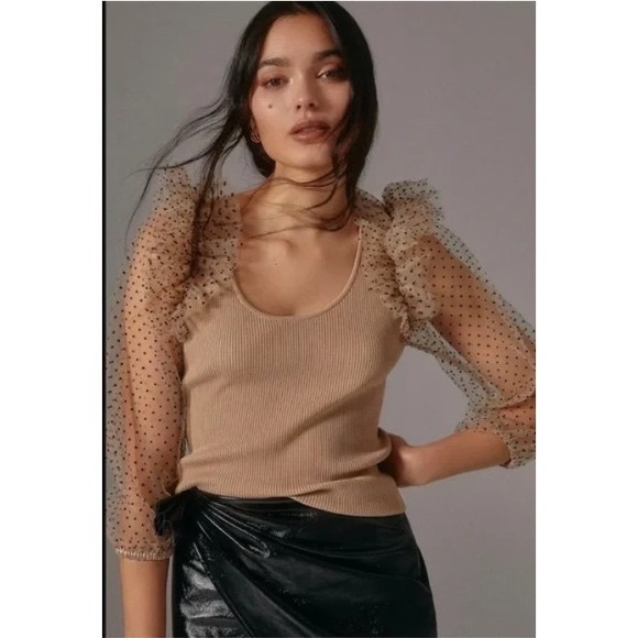 Anthropologie Tops - Dolan Anthropologie Ribbed Top Sheer Puff Polka Dot Sleeves Coquette Feminine  S